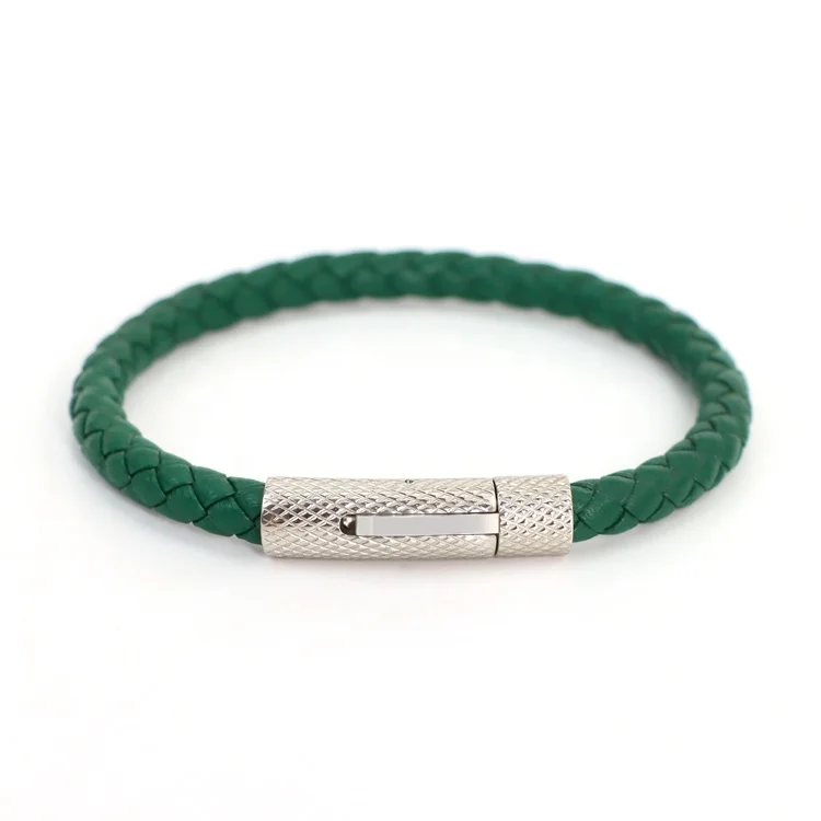 Fashion Simple Men Leather Bracelet 6mm Dark Green Leather Bracelet Stainless Steel Buckle Leather Wrap Bracelet for Boy Gift