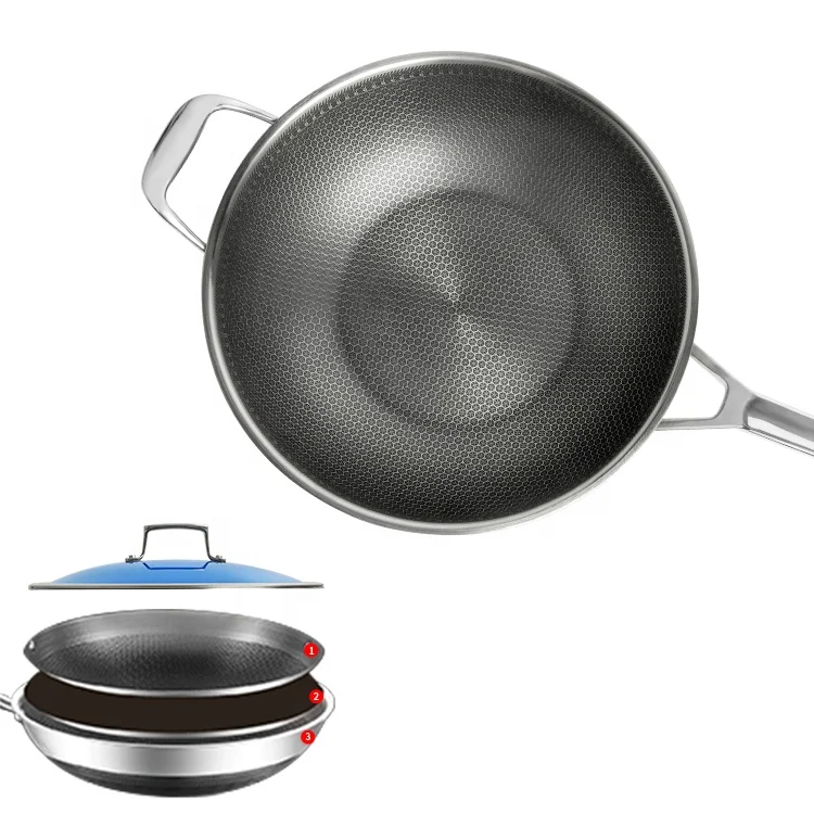 Hot Sale 316 chinese stainless steel honeycomb non stick gas cooker wok pan with lid