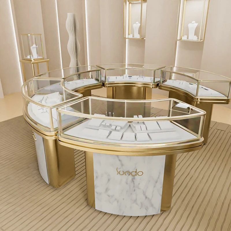 Luxury Counter Design Gold Jewellery Displays Retail Jewellery Shop Glass Furniture Showcases Cabinet for Store