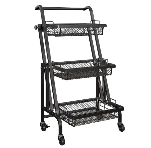 Kitchen floor-mounted trolley rack Multifunctional parallel folding vegetable and fruit storage basket 360 degree rotation