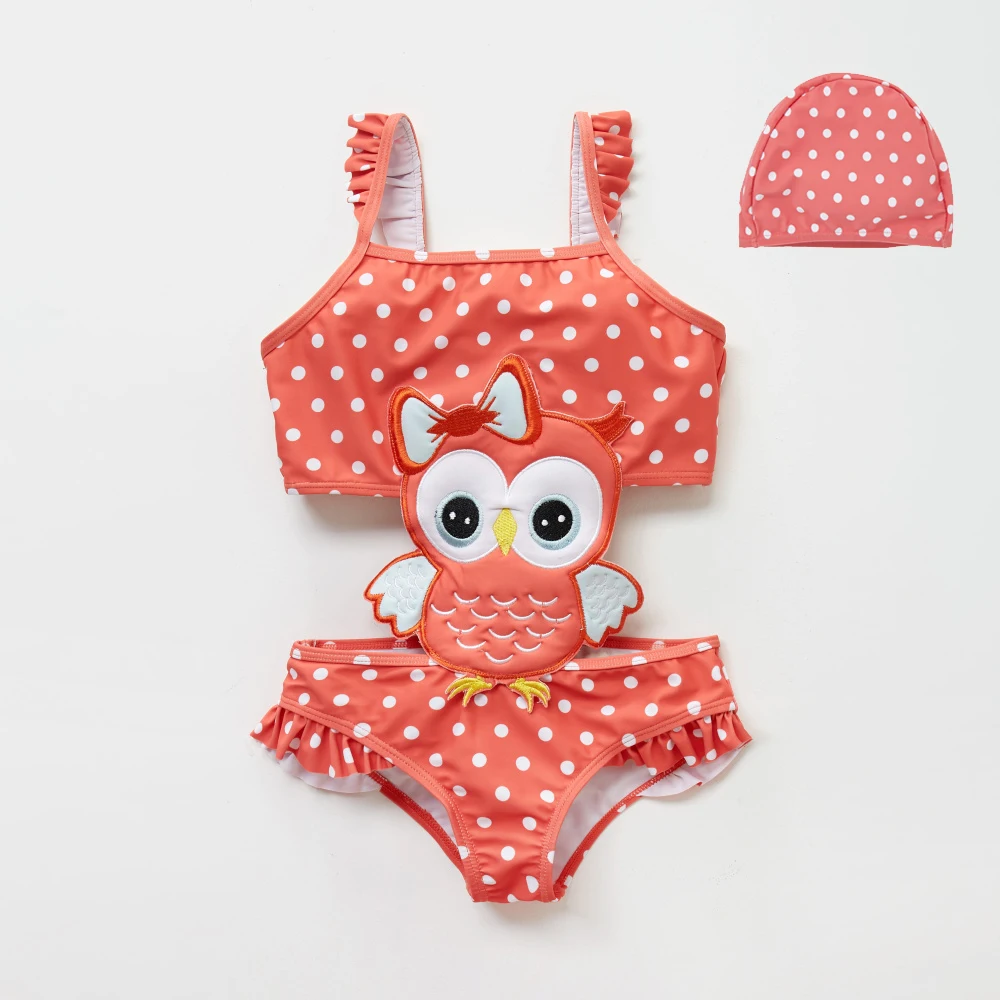 High quality little kids girls one piece swimwear cartoon swimsuit with swimming hat
