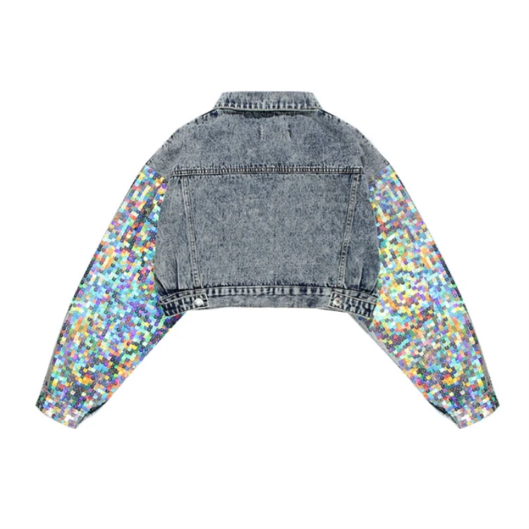 Fashion Washed Faded & Tinted Denim Jacket Customize Embroidered Sequins Denim Jacket for Woman Woven Short Standard Puff Sleeve