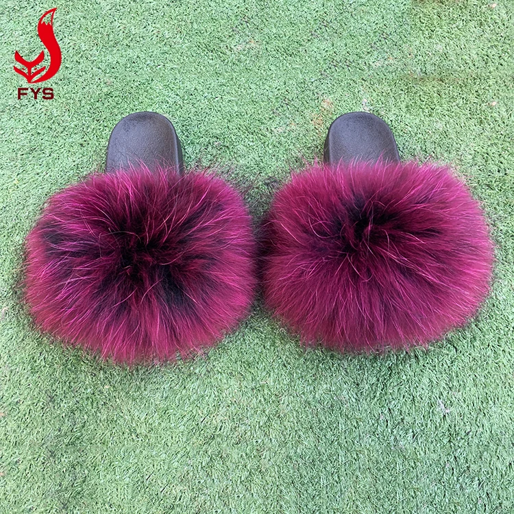 
New designer big fluffy real raccoon fur slippers sandal furry fur slides for women 