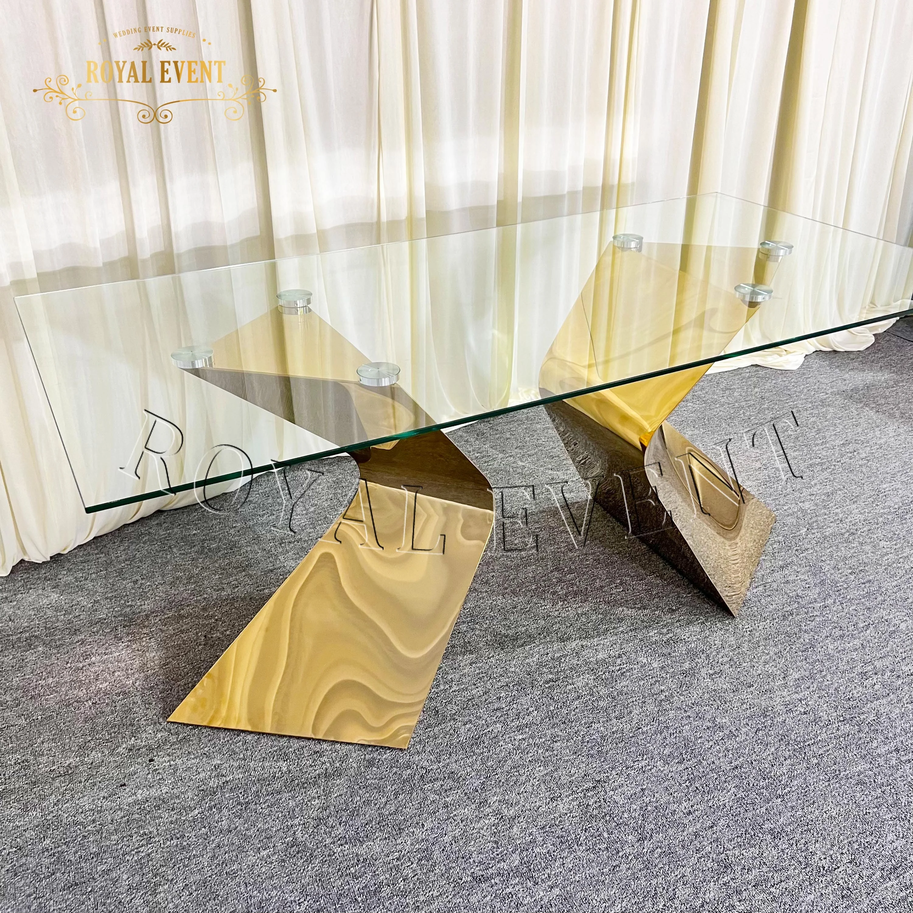 Luxury Design Gold Stainless Steel Wedding Table Elegant Bridal dining Table glass top hotel furniture dining table For Wedding