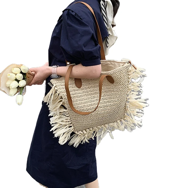 buy cheap ladies girls designer  french style eco-friendly large big size custom logo fringe raffia straw tote bag