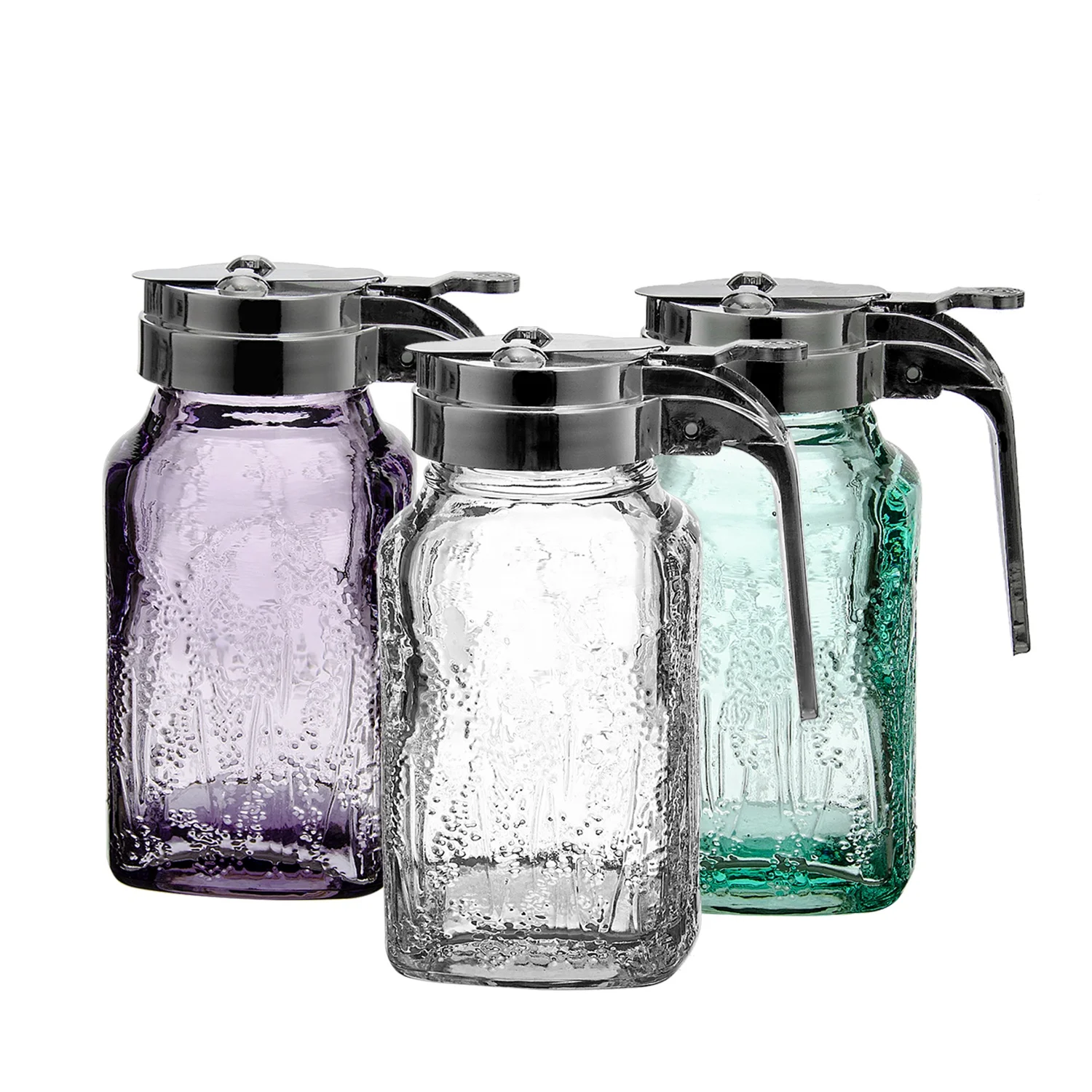 Samyo Wholesale Non Slip Support Honey Jar Glass Flip Top Lid Honey Dispenser for Syrup Sugar Sauces Condiments