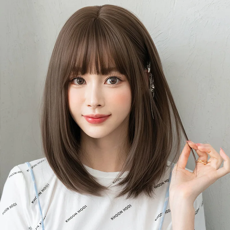Ainizi Korean style 40cm short bob cold brown synthetic hair wigs with bangs for women