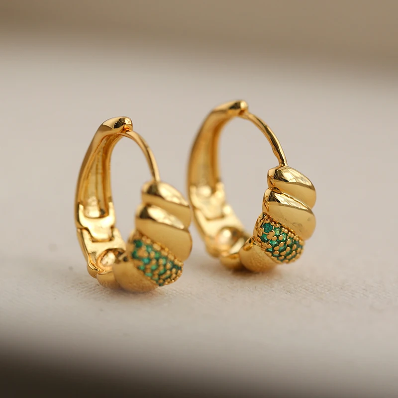 Delicate women earrings hoops thick small vintage 18k gold plated huggie round white  green zirconia jewelry hoop earrings