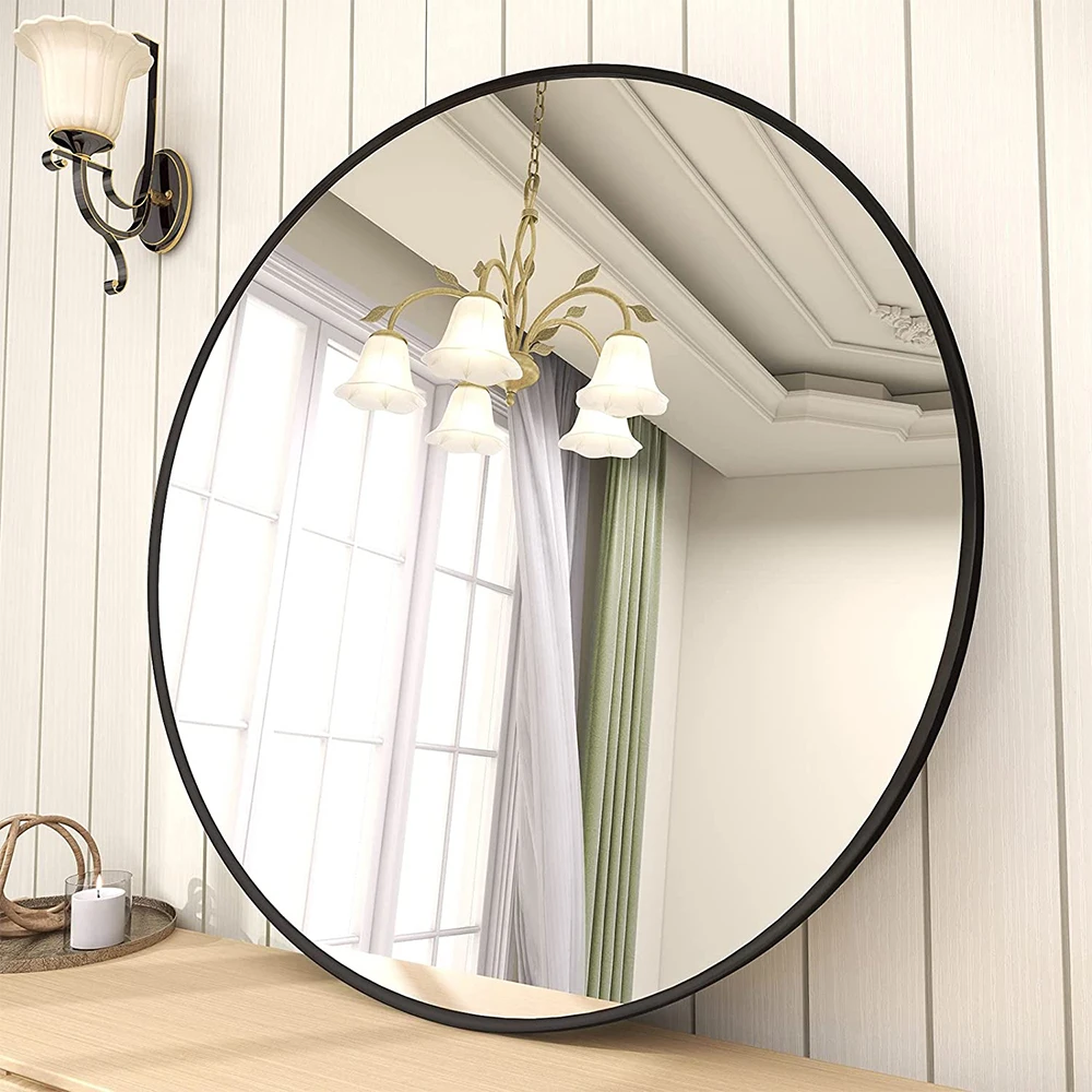 Round metal frame miroir custom large vintage black bedroom wall mouted decor mirror makeup mirror