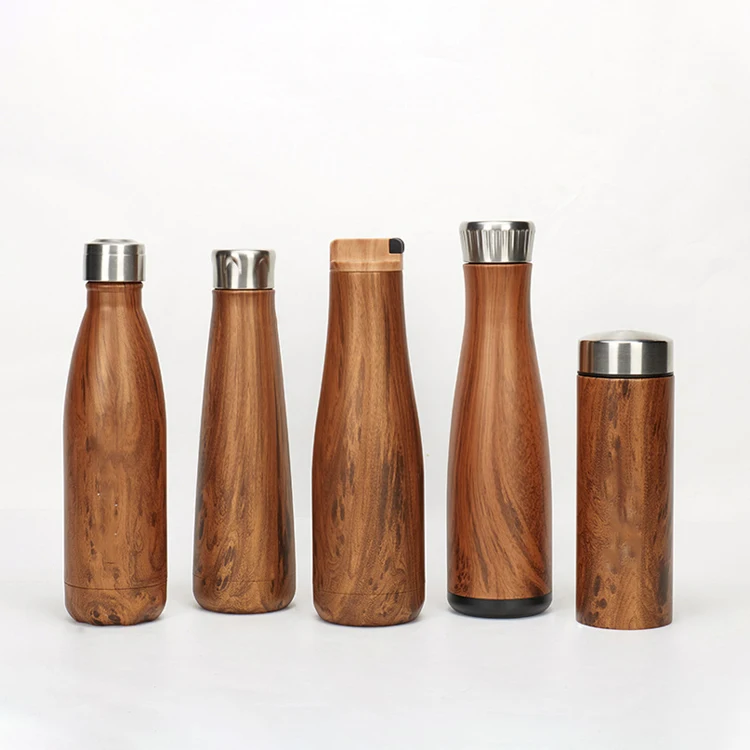 Wholesale Outdoor Sports Portable Stainless Steel Thermos Wooden Grain Water Bottle