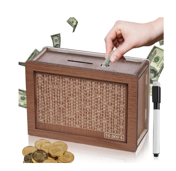 custom mini coin cash drop bank for kids wooden money savings box Cash Vault with Money Goal and Numbers to Cross