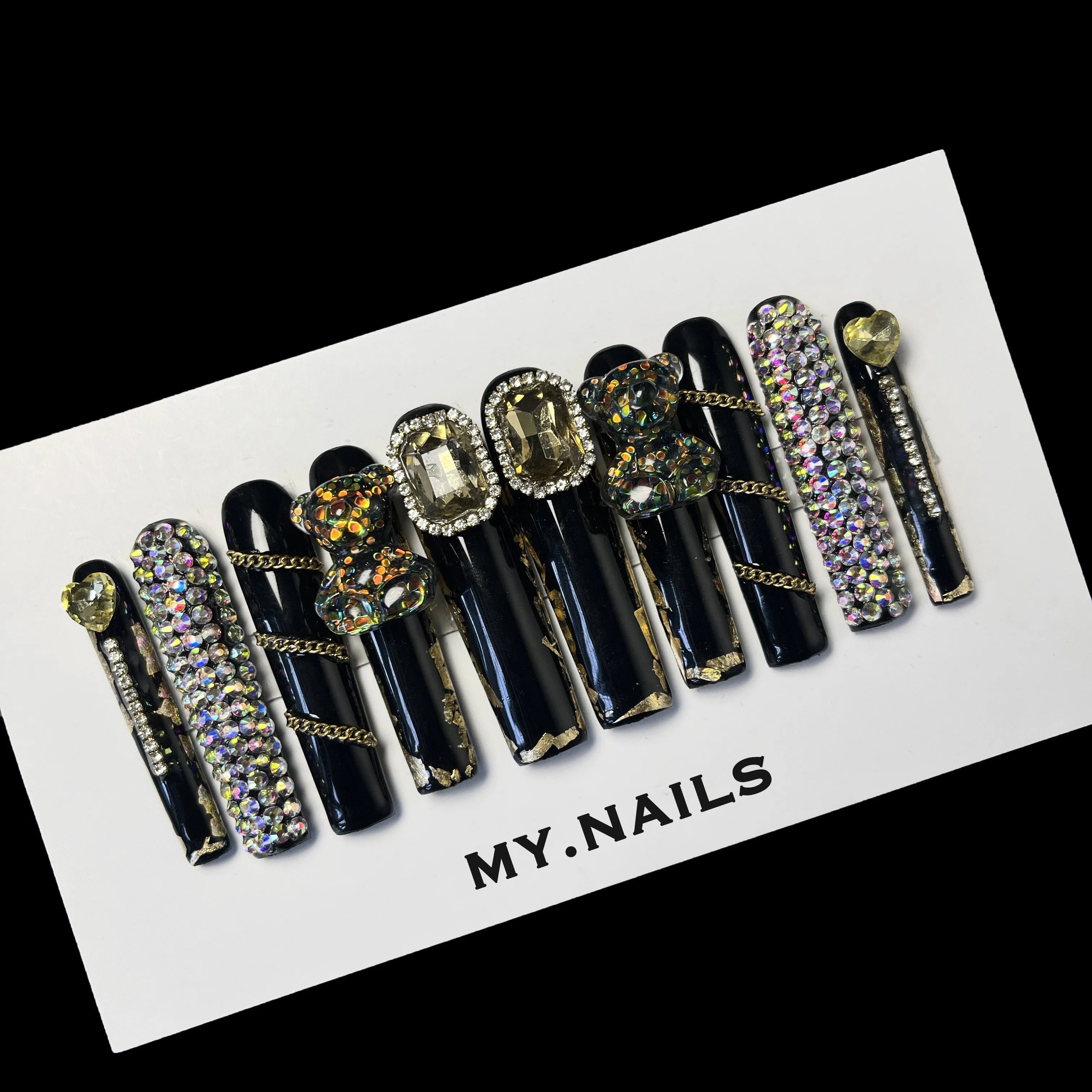 Temperament Black Press on Nail Custom Designs Packaging Box Full of Diamond Luxury Acrylic Finger Full Cover Soft Gel Nail Tips