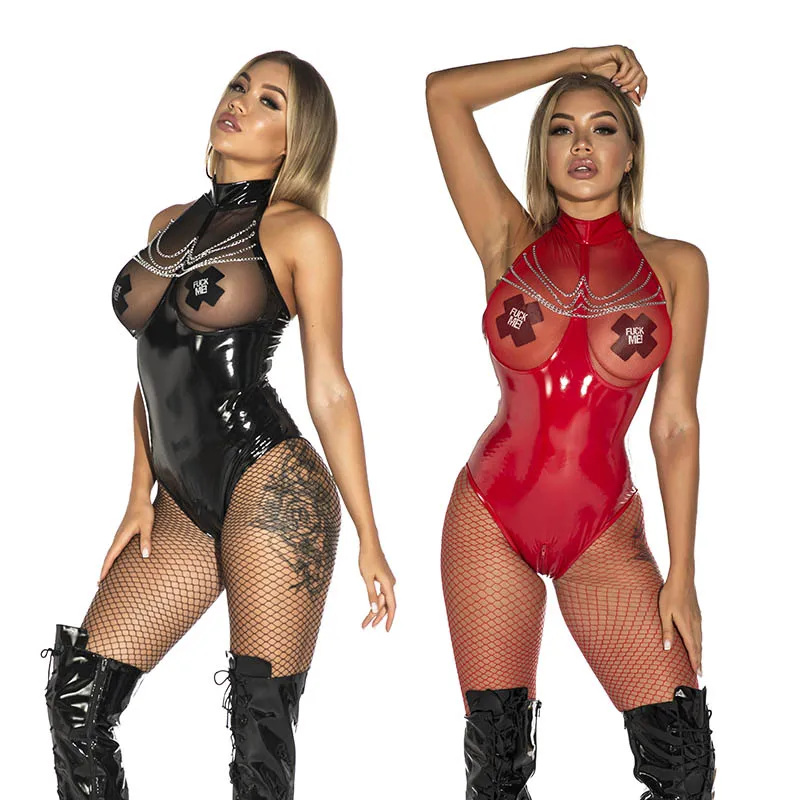 Sexy Hot Catsuit Plus Size Lingerie Backless Bodysuit Halter Mesh Bodysuit One Piece Leather Ladies Jumpsuit