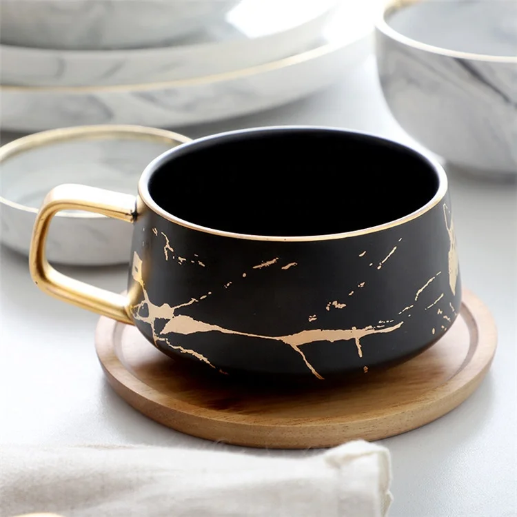 Exotic style western black color gold rim porcelain coffee cup and saucer with logo