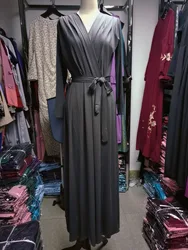 New abaya dress V-neck lace folds mopping floor long skirt Muslim robe