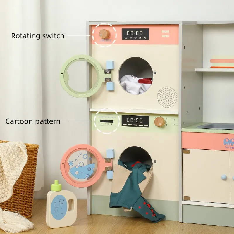 Toddler Wooden Pretend Role Play Game Toy Laundry Machine Kids Early Educational Wooden Simulation Washing Machine Toy
