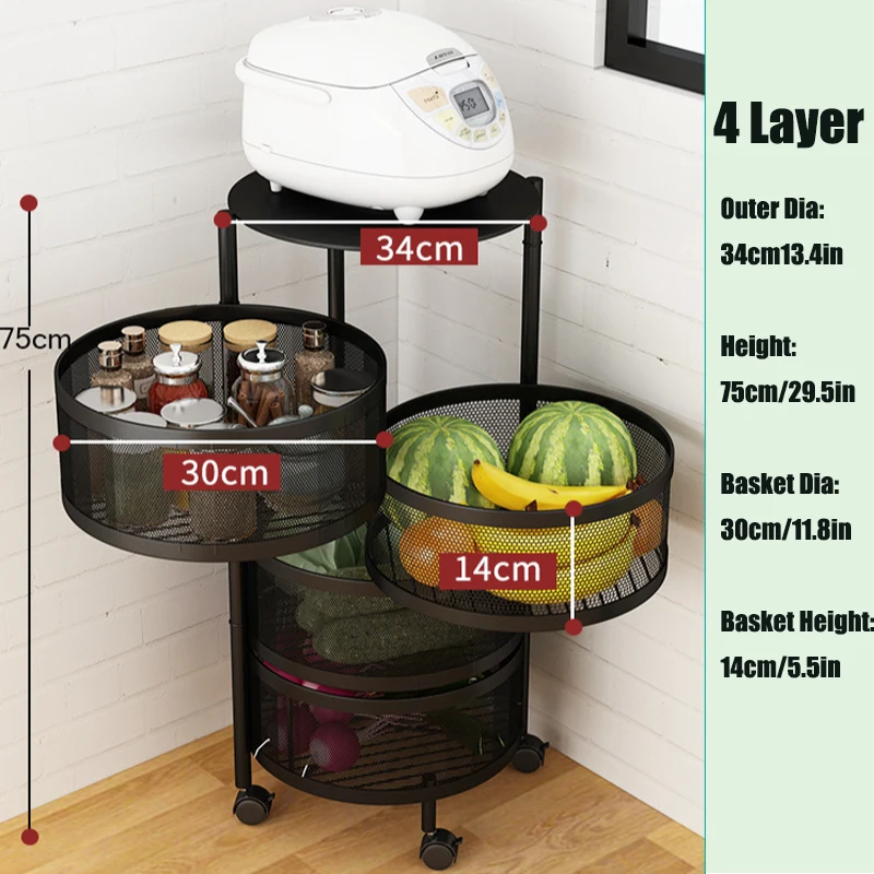 Factory price 2/3/4/5 tier Round Rotating Storage Rack for Kitchen Potato Fruit Vegetable Rotating Shelf Rack with mesh Basket