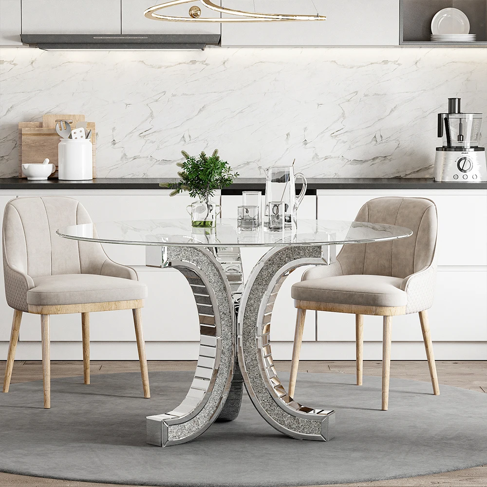 COOLBANG Dining Room Furniture Tempered Glass Tabletop Crushed Diamond Pedestal Mirrored Luxury Round Dining Table
