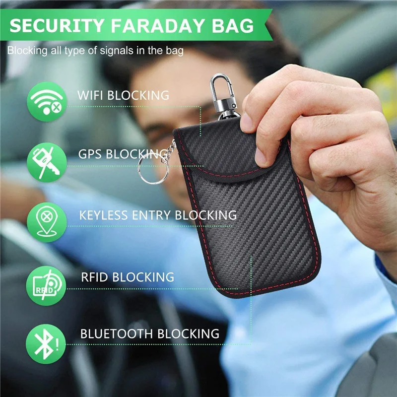 Carbon Fiber Leather RFID Car Key Signals Blocker Case With Key Hook Keyless Car Theft Pouch Faraday Bag
