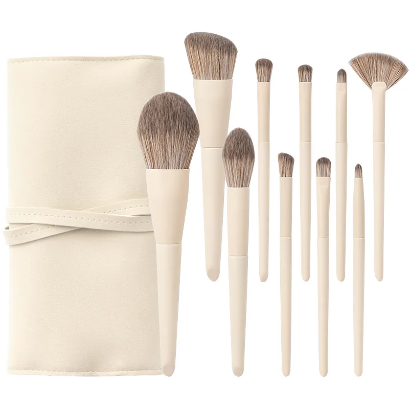 FEIYAN Custom Logo Beautiful Makeup Cosmetic Brushes 10 pieces Natural White Beige Facial Makeup Brush Set With Bag