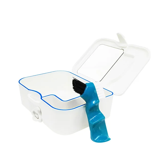 Oral plastic aligner case portable denture box with mirror and clean brush