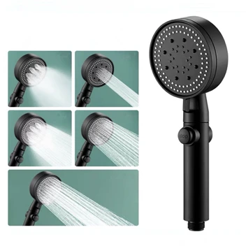 GEE-N High Pressure Rain Fall Round Water Saving Hand Shower Abs Black Shower Head With 5 Mode Function