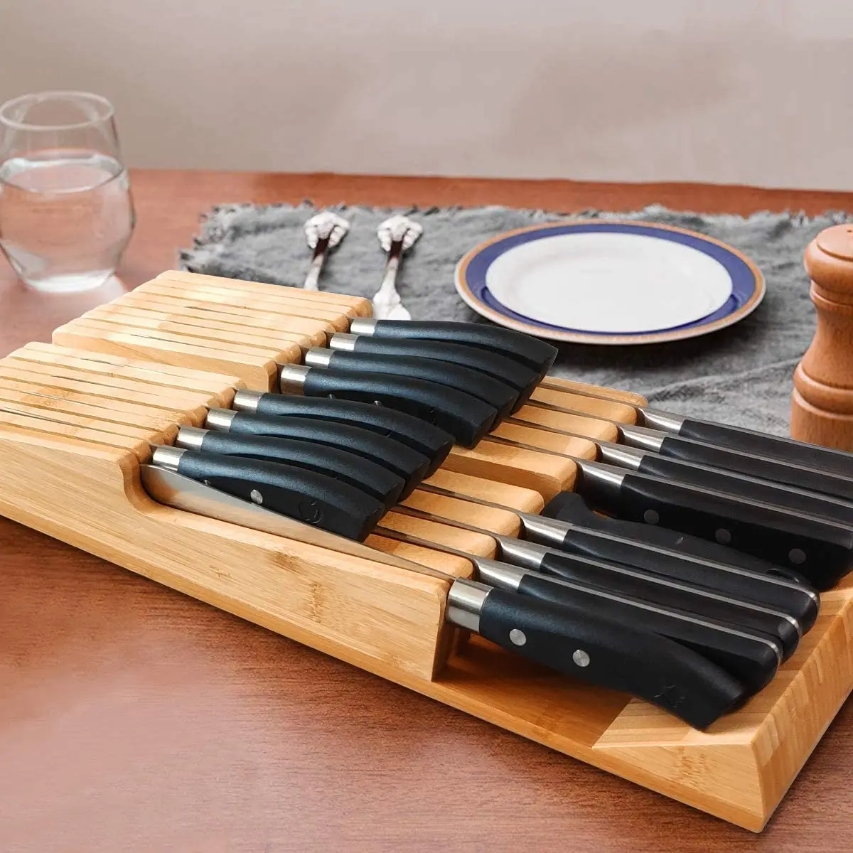 In-Drawer Bamboo knife block, Knife Organizer and Holder with Slots for 16 Knives and 1 Sharpening