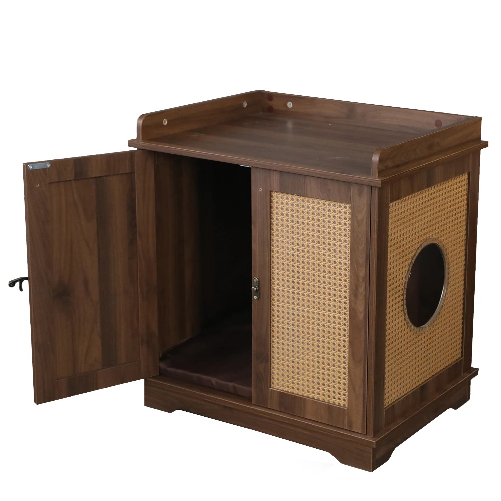 Customized Hoopet Luxury Wood Rattan Cabinets Cat Condo House Furniture With Hole