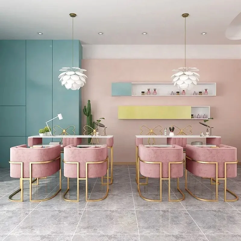 Cheap Light Luxury Pink Polish Set Salon Furniture Nail Salon Table Double Wood Metal Nail Table