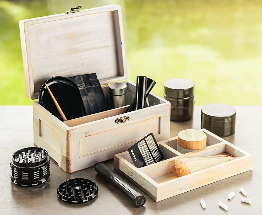 bamboo wooden herb stash box with rolling tray storage container to store smoking accessories grinder pipe rolling papers