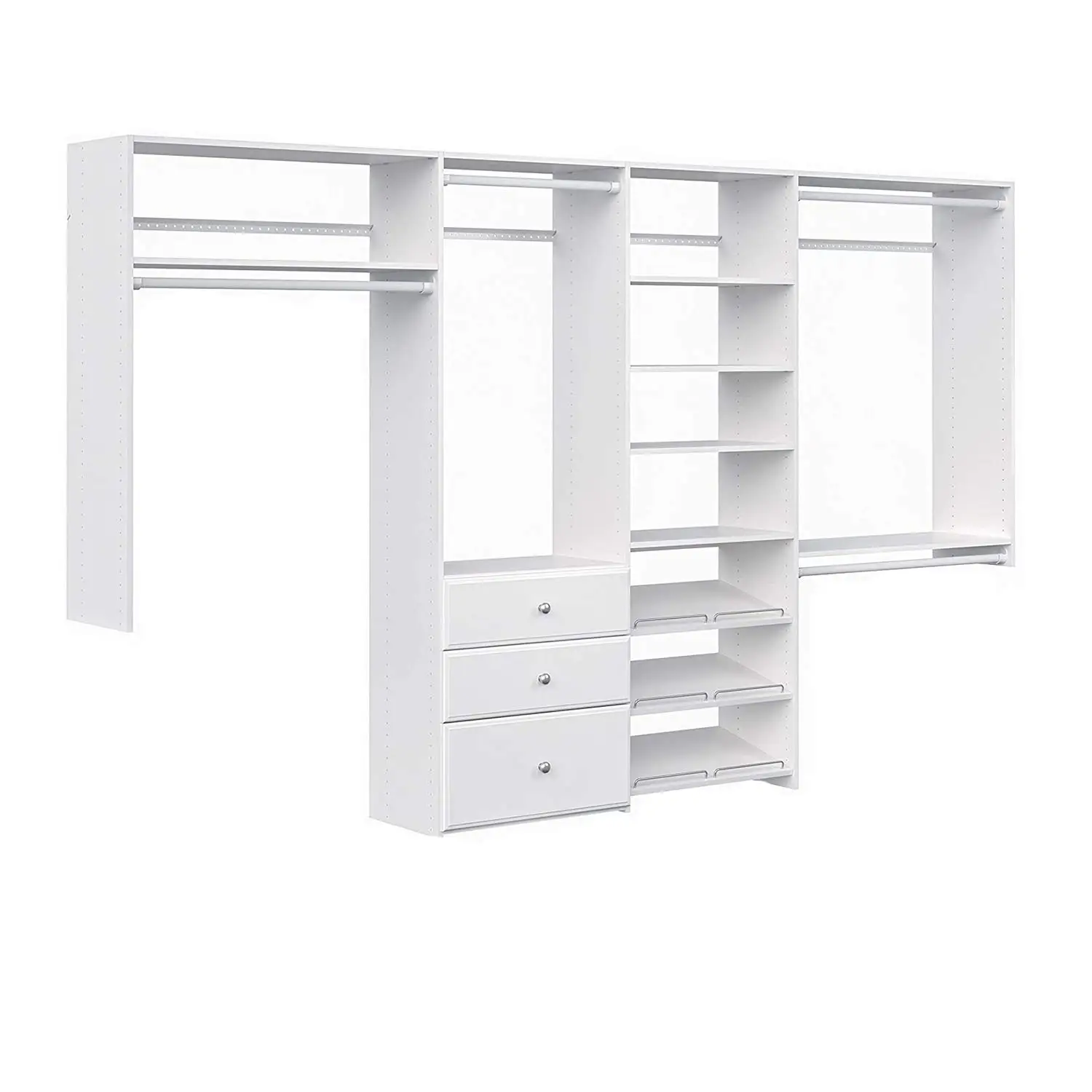 Dual Tower Closet Storage Wall Mounted Wardrobe Organizer Kit System with Shelves and Drawers for Bedroom in White with Hardware