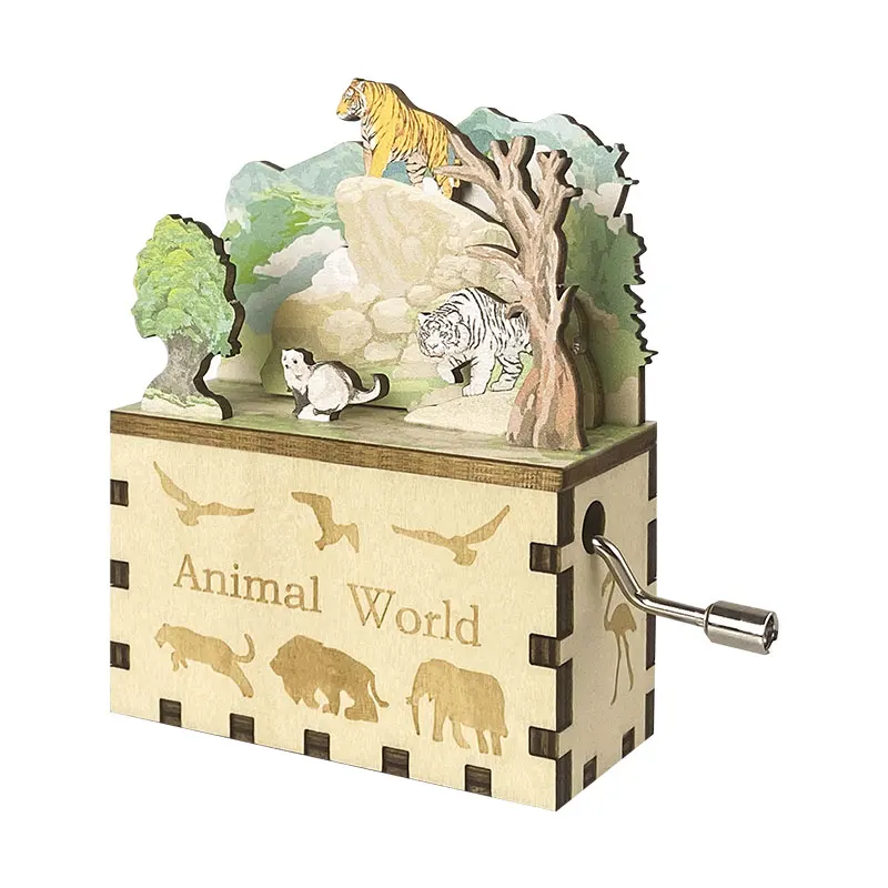 Custom Colorful Music Box Mini Animal World 3D Wooden Puzzle Hand Crank Music Boxes Festival Creative Toy for Kids