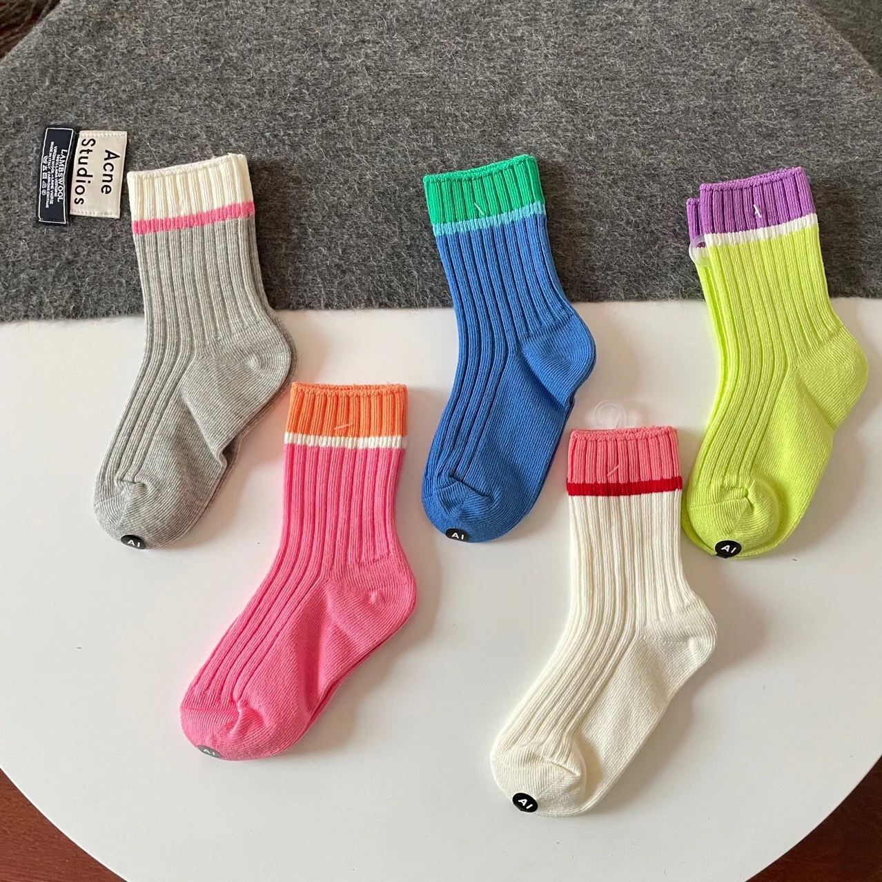 wholesale 5 Pairs Double Needle Solid Color Seamless Cotton Toddler Kids Ribbed Crew Socks