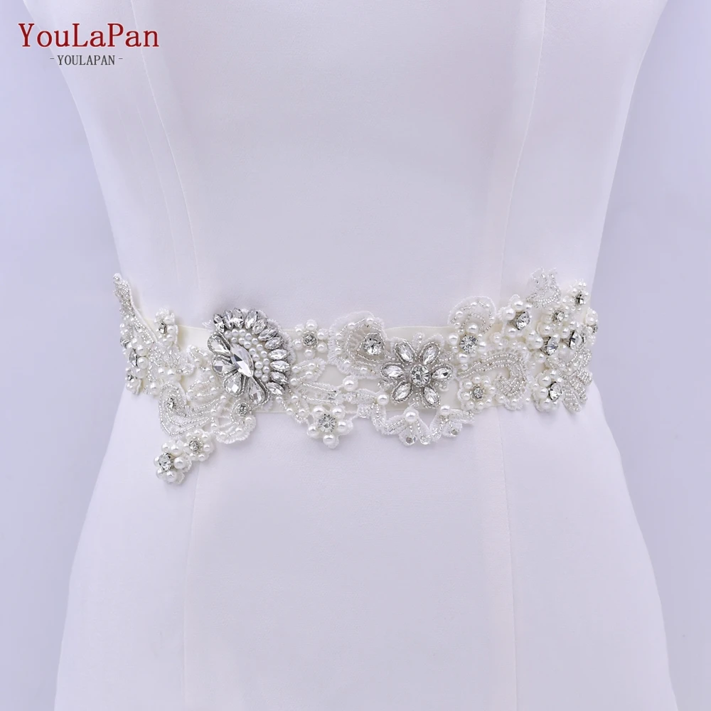 YouLaPan S157 Модная белая вышитая кружевная аппликация для пояса и плеч, Женский Свадебный ремень со стразами и жемчугом