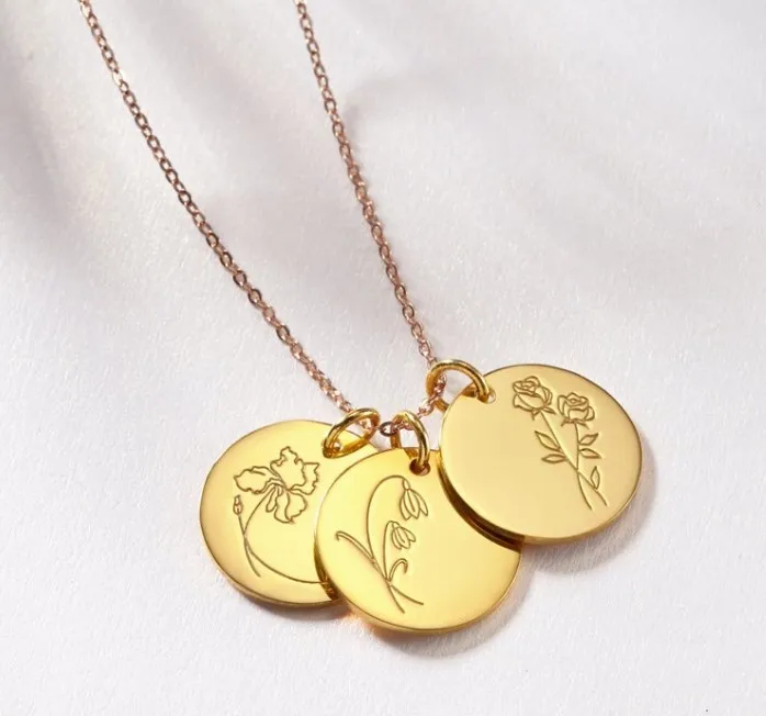 Personalized 18K gold plated 925 sterling silver birth flower engraved pendant necklace for girls