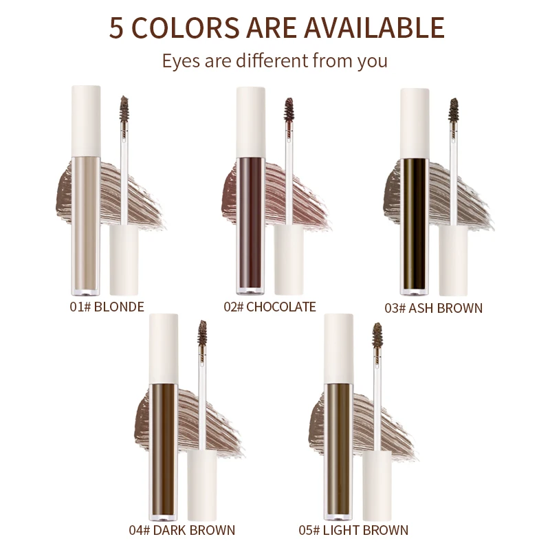 Private Label Customize 5 Colors Eyes Brows Makeup White Packaging Eyelash Mascara Waterproof Vegan Fiber Tinted Eyebrow Gel