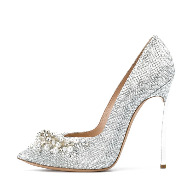 Fashion silver glitter with pearls diamante glitter high heels pumps bridal wedding women dress shoes