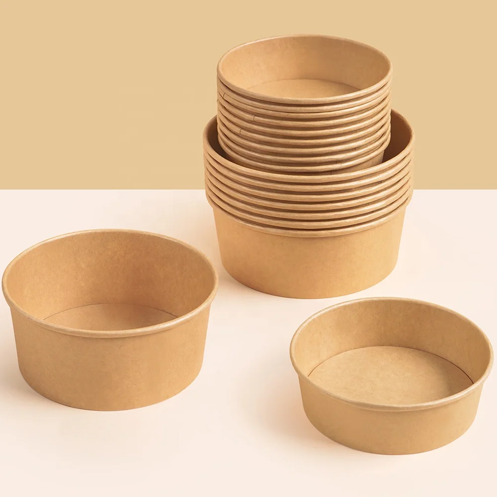 customize logo printing disposable kraft paper bowl paper salad box round paper container with OPS lid for fast food fruit snack