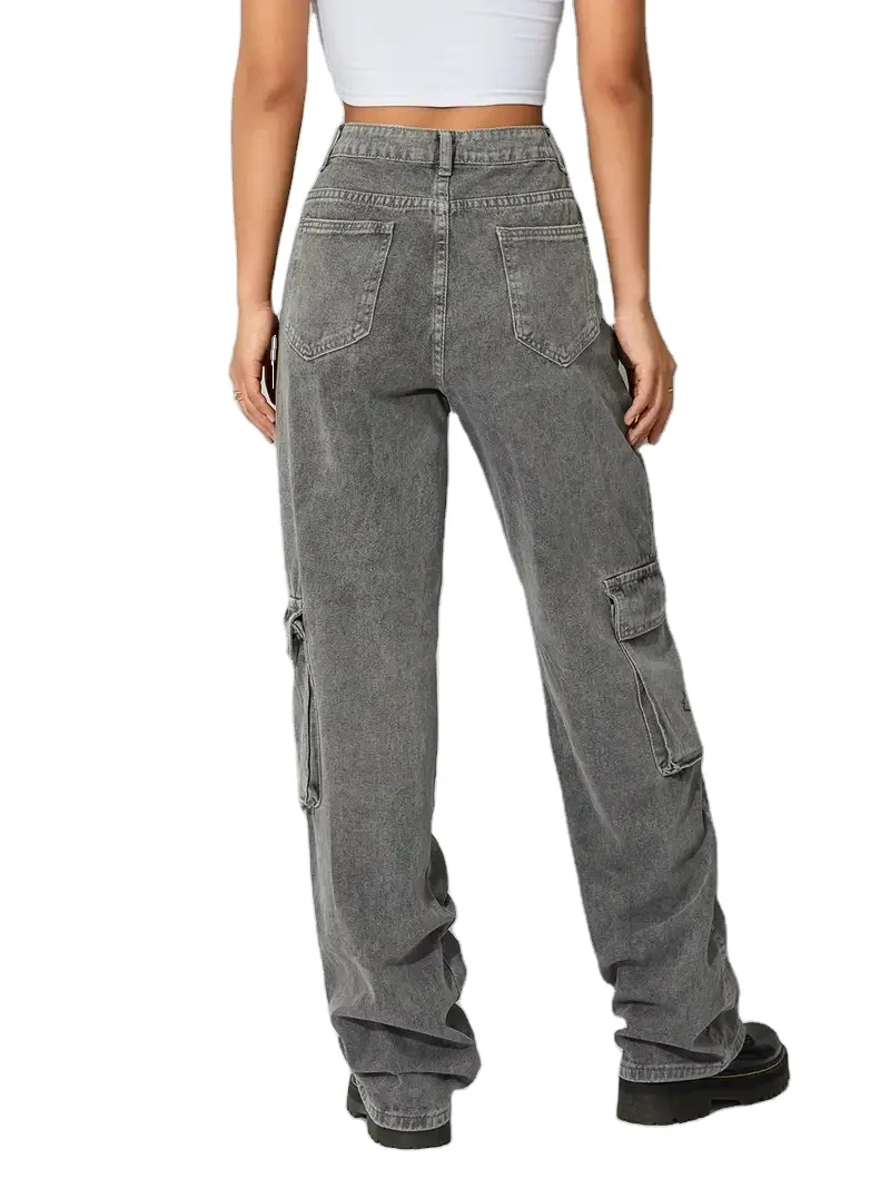 Customized Women Straight Denim Pants Big Pockets Non-stretchy Star Print Street Casual Loose Trousers Denim Jeans
