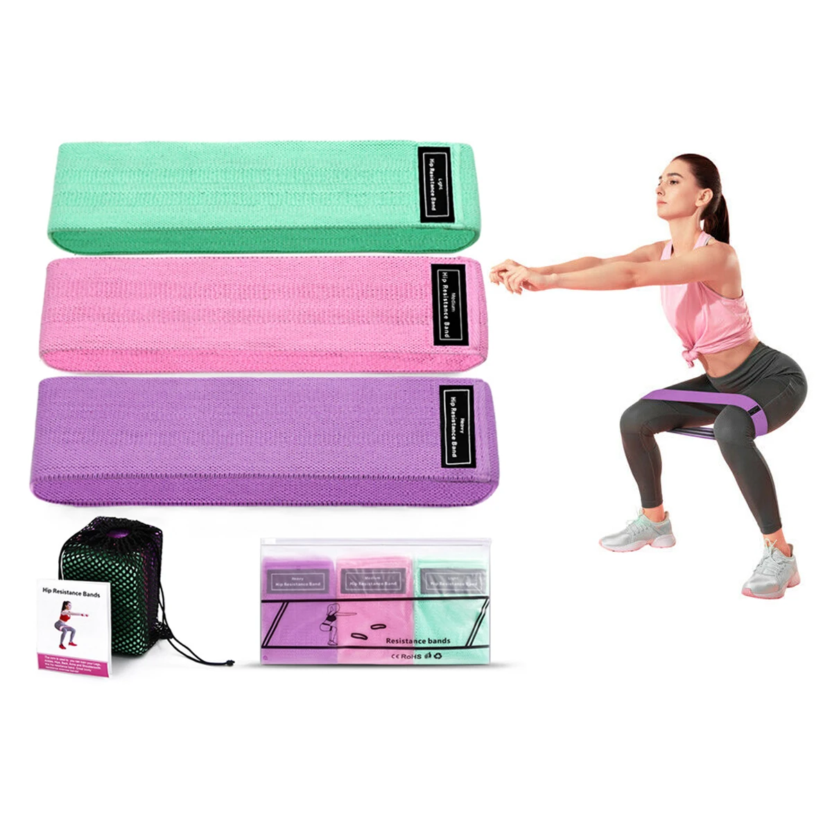 B&M Custom Logo Fabric Gym Fitness Yoga Stretch Bands Set Women Pull Up Workout Hip Exercise Elastic Booty Loop Resistance Bands