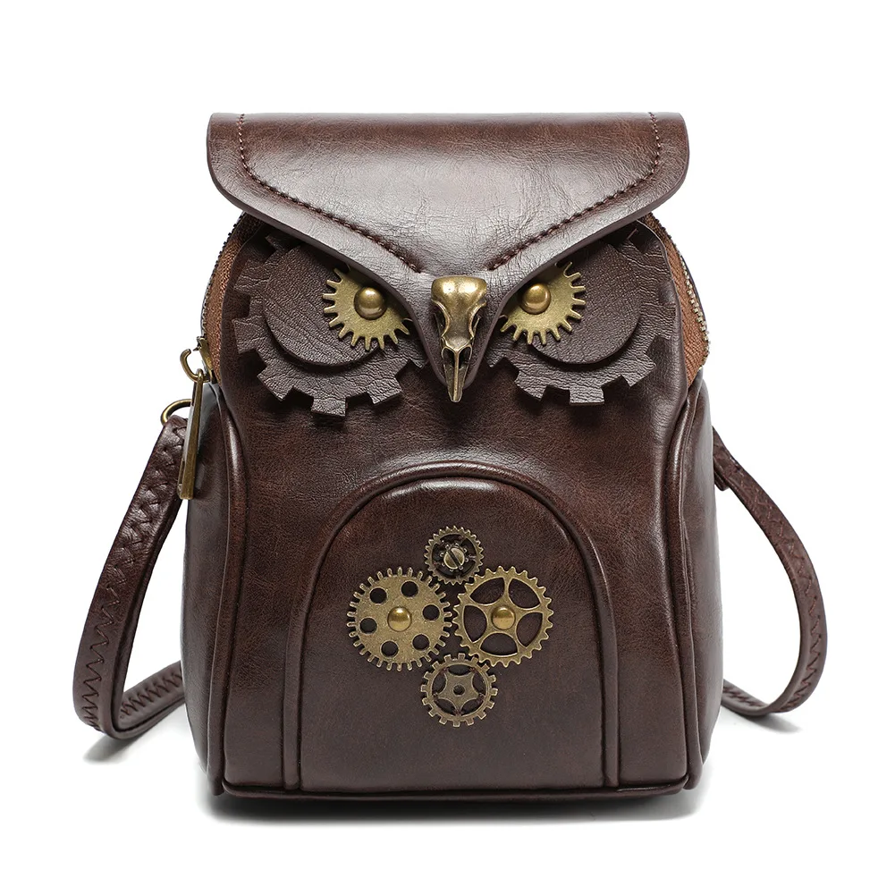 Midcentury steampunk Halloween Owl Backpack Cool Style PU Leather Cartoon Owl Backpack Female Personality Daypack