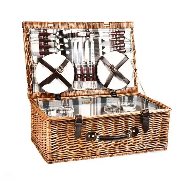 Hot selling wicker picnic basket for 4 people, rectangular with carpet, outdoor camping wicker basket