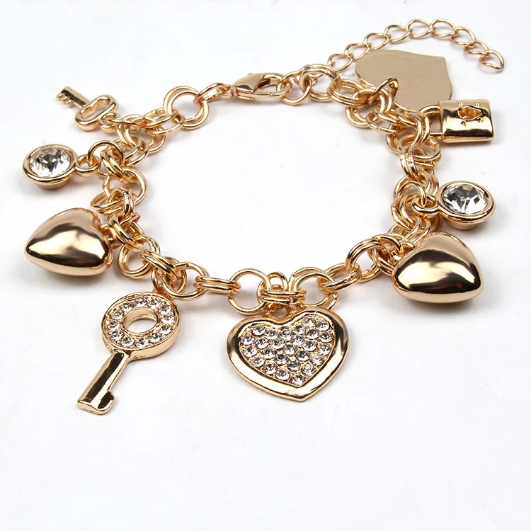 Wholesale Retro Diy Accessories Shiny Crystal Key Lock Heart Charm Bracelet For Women