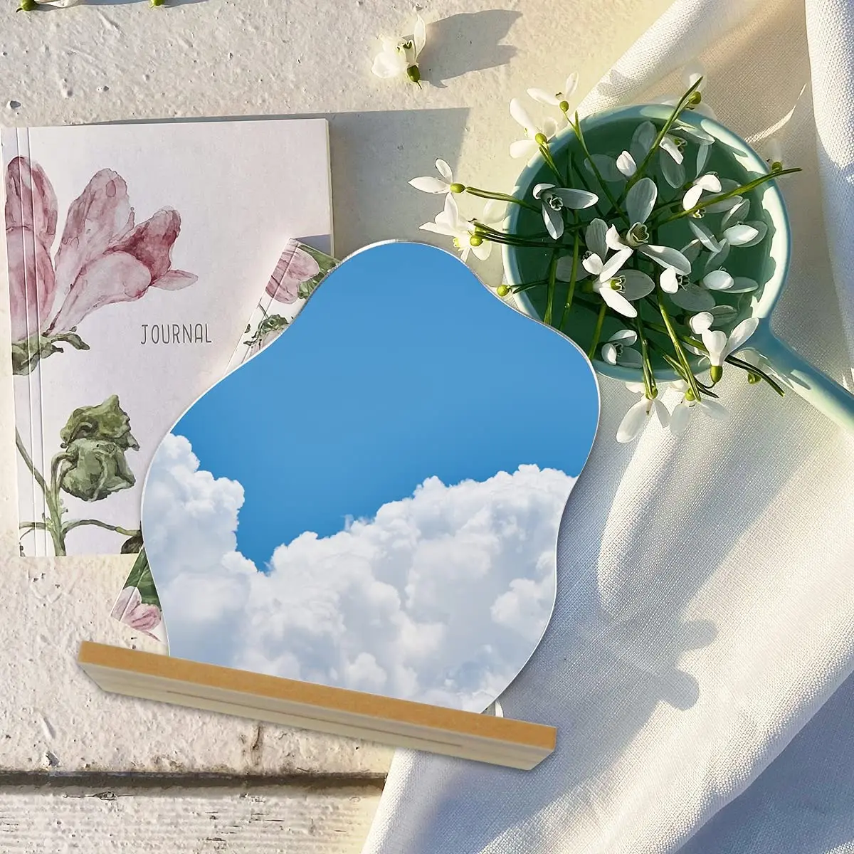 Irregular Aesthetic Mirror Frameless Funky Makeup Mirror Decorative Desk Tabletop Wavy Mirror with Wooden Stand for Living Room