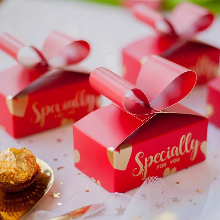 foldable beautiful art paper 3d pop up red color cute bowknot empty tea cookie chocolate gift box with custom logo stamping