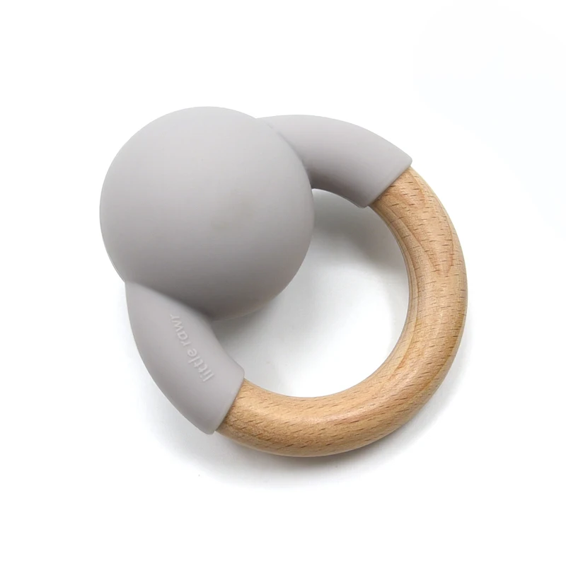 wholesaler  Baby Silicone with  Wood Ring Teether Animal Shape Walrus  Bell  Kids Teething Silicone Wood  Ring Bell Teethe Toys