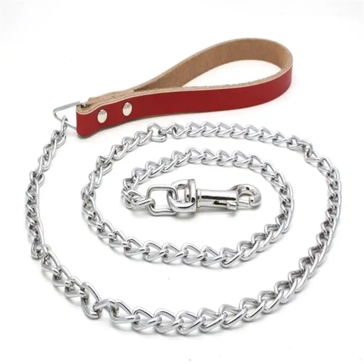 High Quality Anti-bite iron chain pet hand holding rope pure cowhide handle chrome plated iron chain