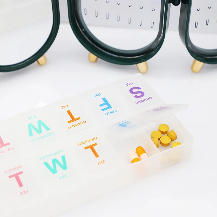 custom plastic medical pill packaging rectangle 14 case weekly am pm medicine 7 Day Colorful Pill Box low MOQ