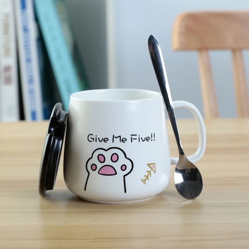 350ml Cute Cat Cat Paw Ceramic Mug with Lid Spoon Coffee Cup