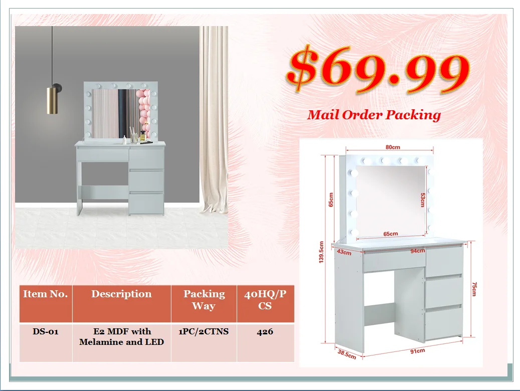 Free Sample Cheap Luxury Modern Hot Selling Wooden Dressing Table With Mirror And Light Lamp